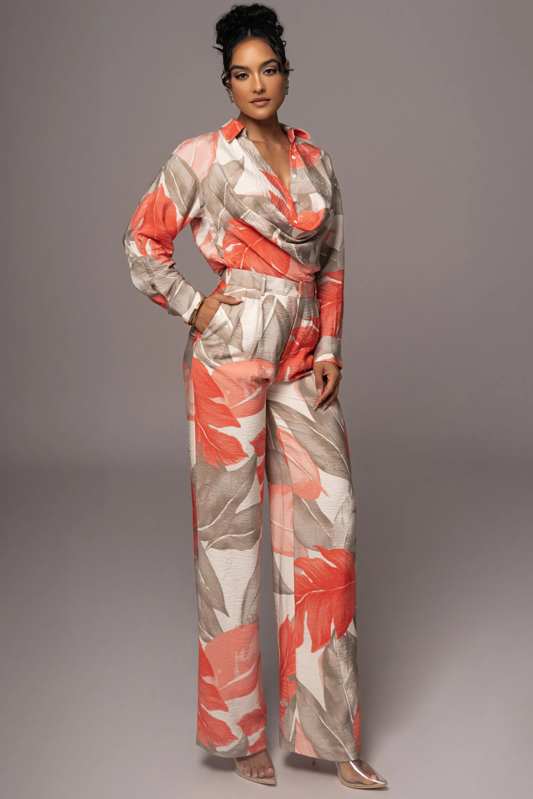 JLUXLABEL Ivory Palm Print Greta Collared Top