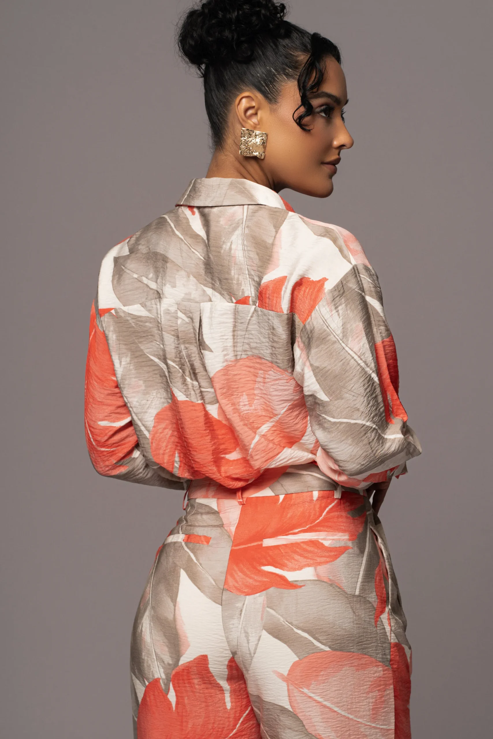 JLUXLABEL Ivory Palm Print Greta Collared Top