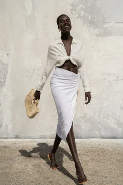 JLUXLABEL Ivory Spring Ruched Linen Skirt