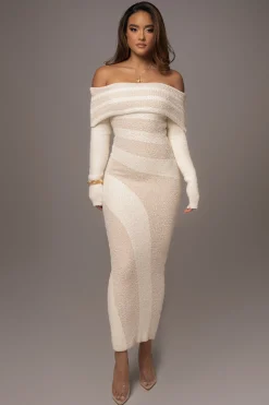 JLUXLABEL Ivory Sweater Knit Off The Shoulder Dress