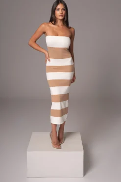 JLUXLABEL Ivory/Beige Striped Strapless Midi Dress