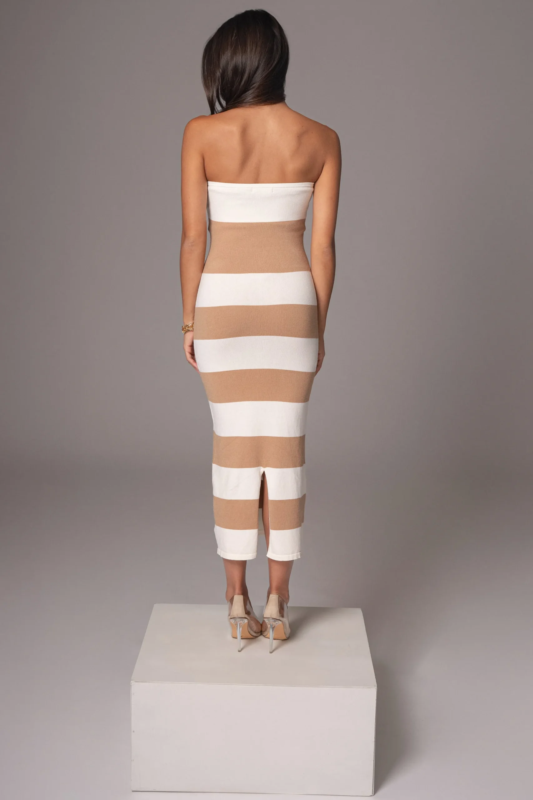 JLUXLABEL Ivory/Beige Striped Strapless Midi Dress