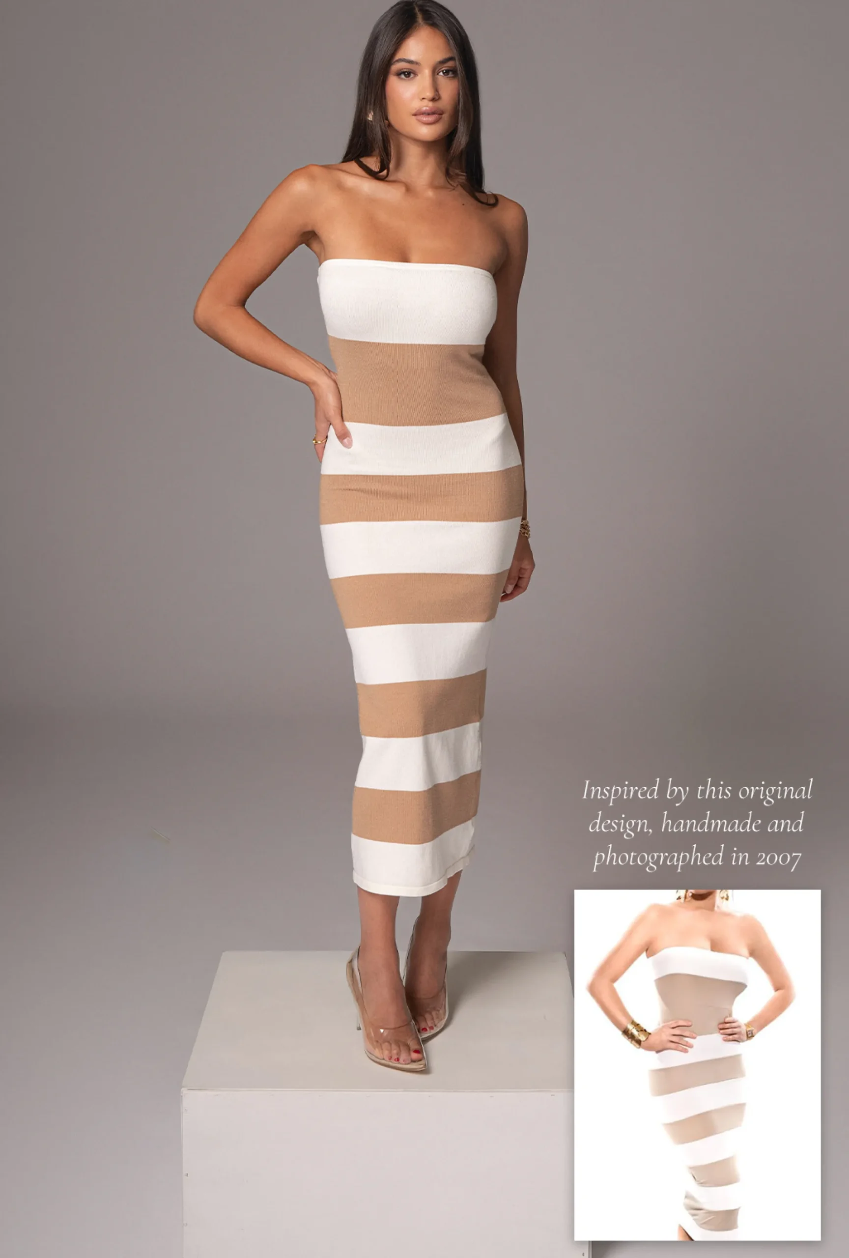 JLUXLABEL Ivory/Beige Striped Strapless Midi Dress