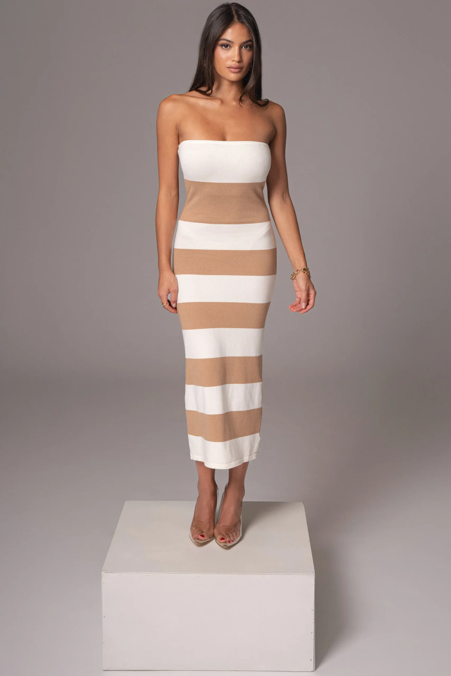 JLUXLABEL Ivory/Beige Striped Strapless Midi Dress