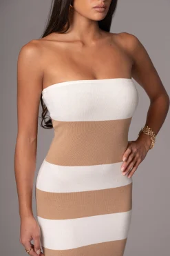 JLUXLABEL Ivory/Beige Striped Strapless Midi Dress