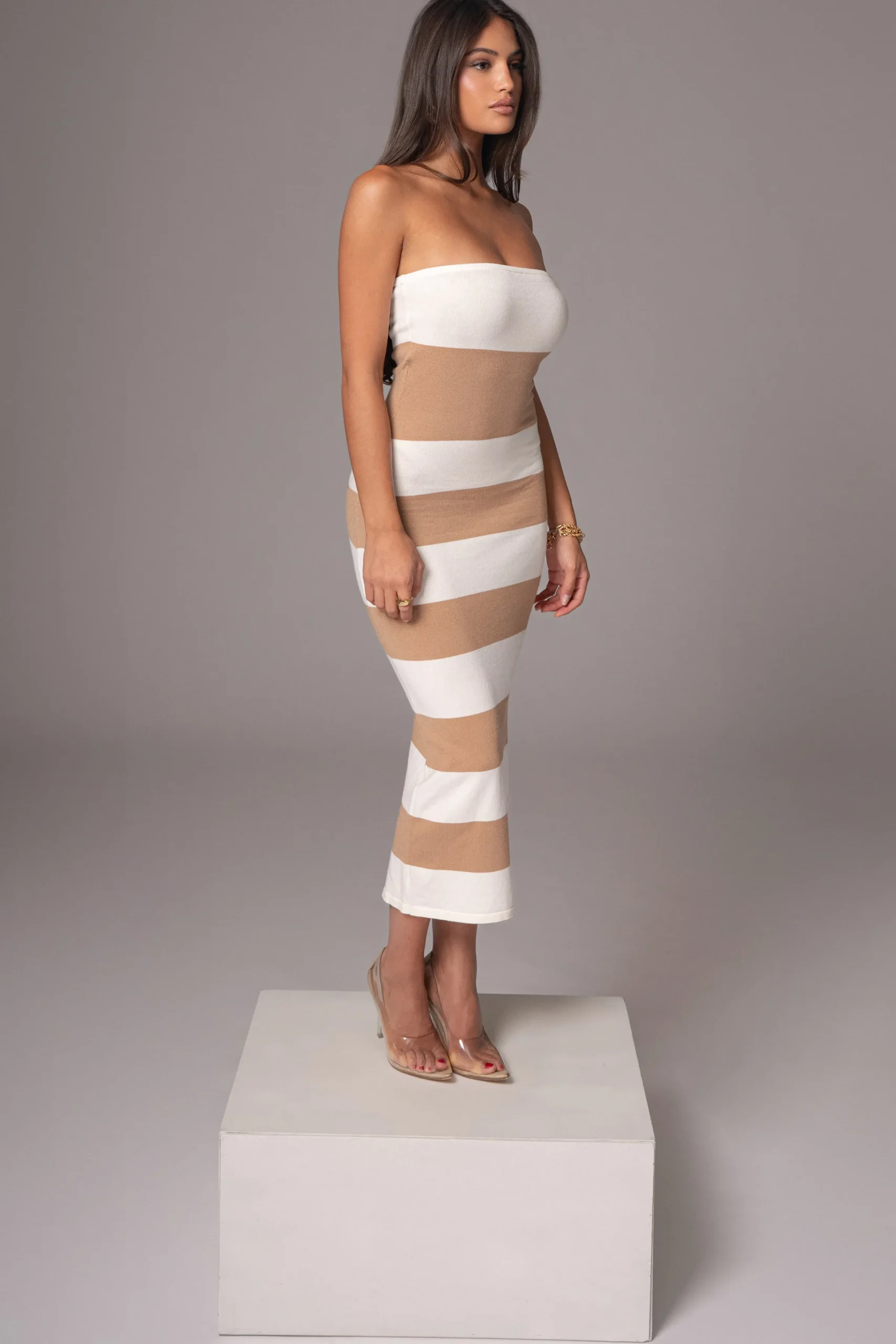 JLUXLABEL Ivory/Beige Striped Strapless Midi Dress