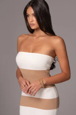JLUXLABEL Ivory/Beige Striped Strapless Midi Dress