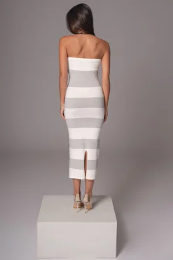 JLUXLABEL Ivory/Heather Grey Striped Strapless Midi Dress
