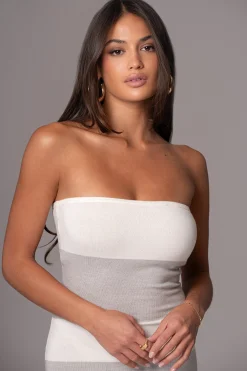 JLUXLABEL Ivory/Heather Grey Striped Strapless Midi Dress