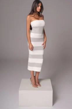 JLUXLABEL Ivory/Heather Grey Striped Strapless Midi Dress