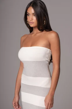 JLUXLABEL Ivory/Heather Grey Striped Strapless Midi Dress