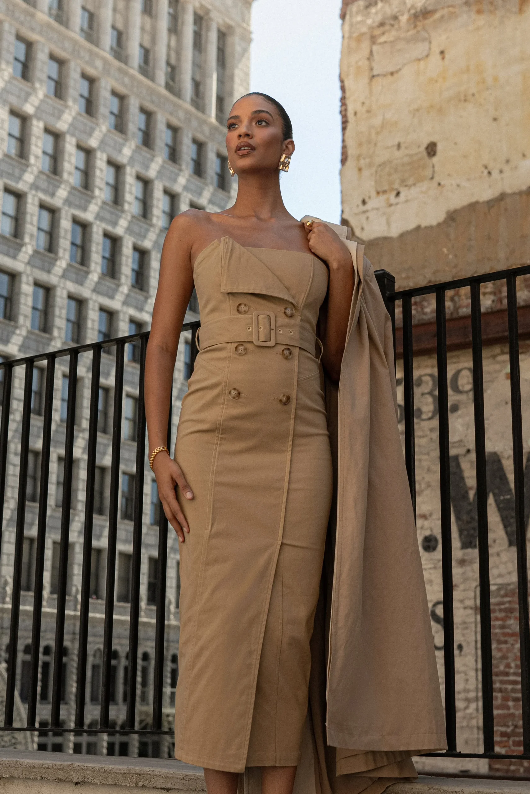 JLUXLABEL Khaki Asymmetric Belted Midi Dress