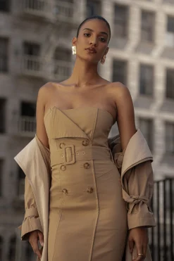 JLUXLABEL Khaki Asymmetric Belted Midi Dress