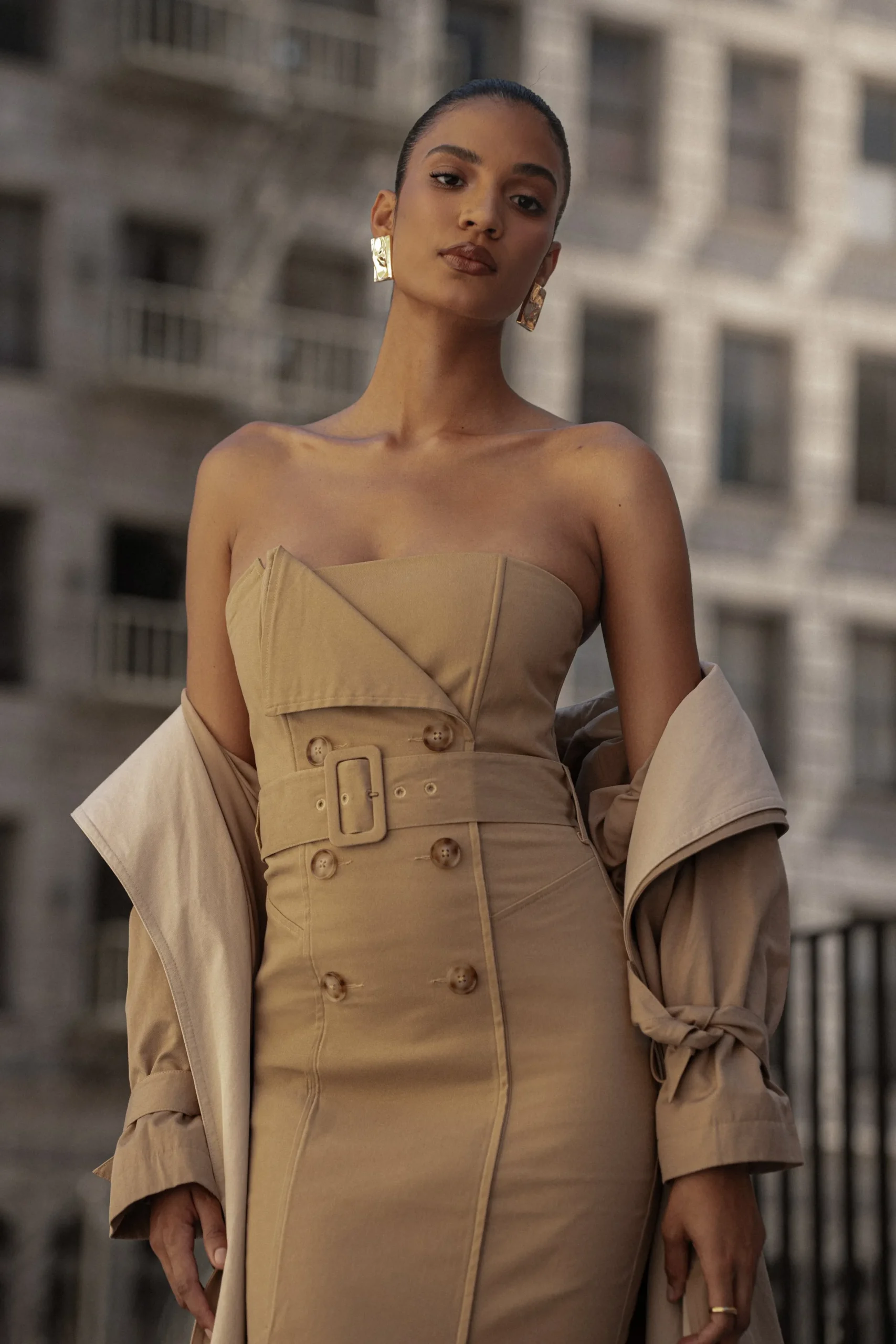 JLUXLABEL Khaki Asymmetric Belted Midi Dress