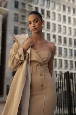 JLUXLABEL Khaki Asymmetric Belted Midi Dress