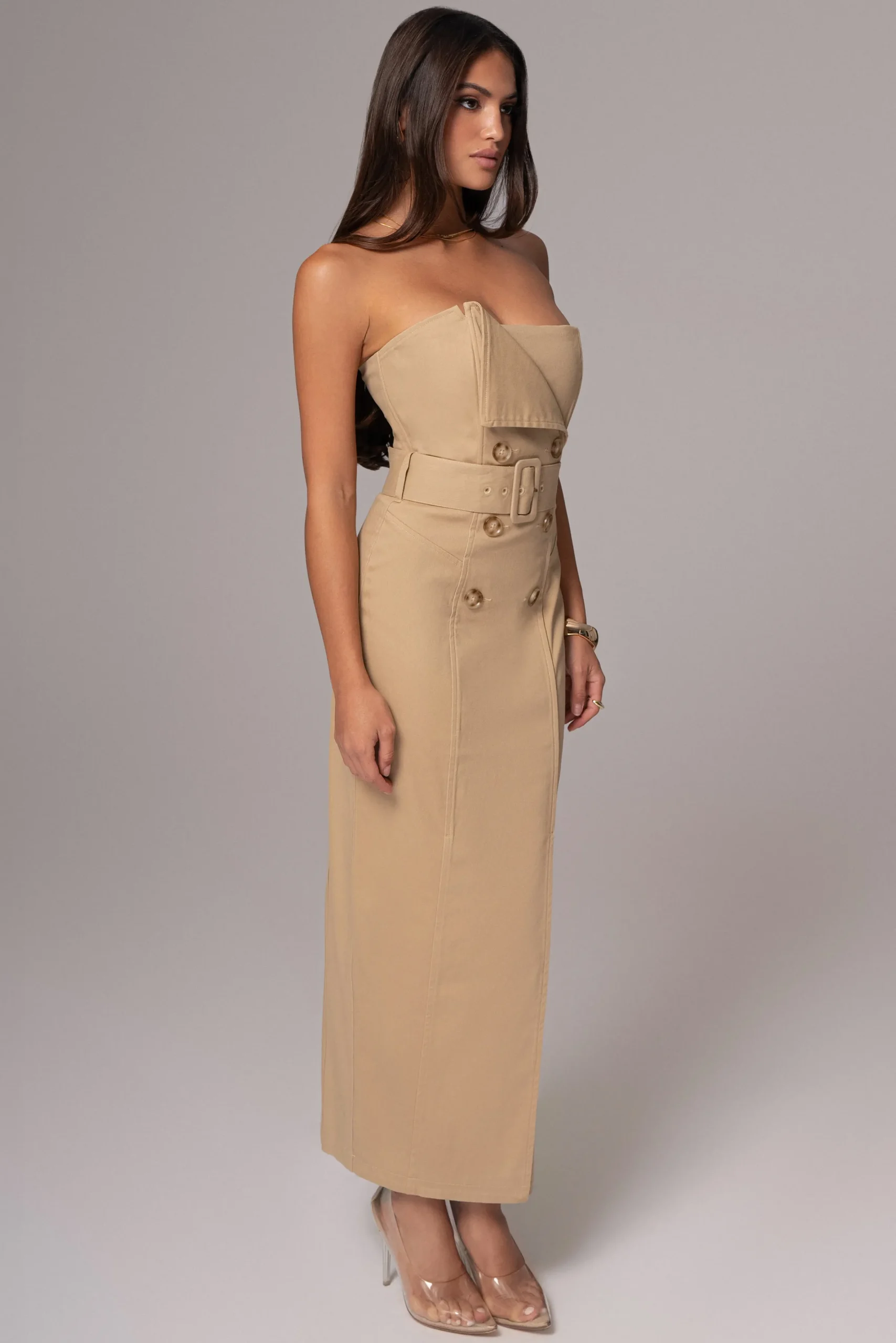 JLUXLABEL Khaki Asymmetric Belted Midi Dress