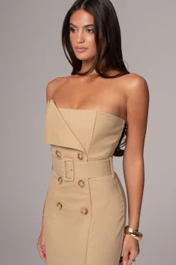 JLUXLABEL Khaki Asymmetric Belted Midi Dress
