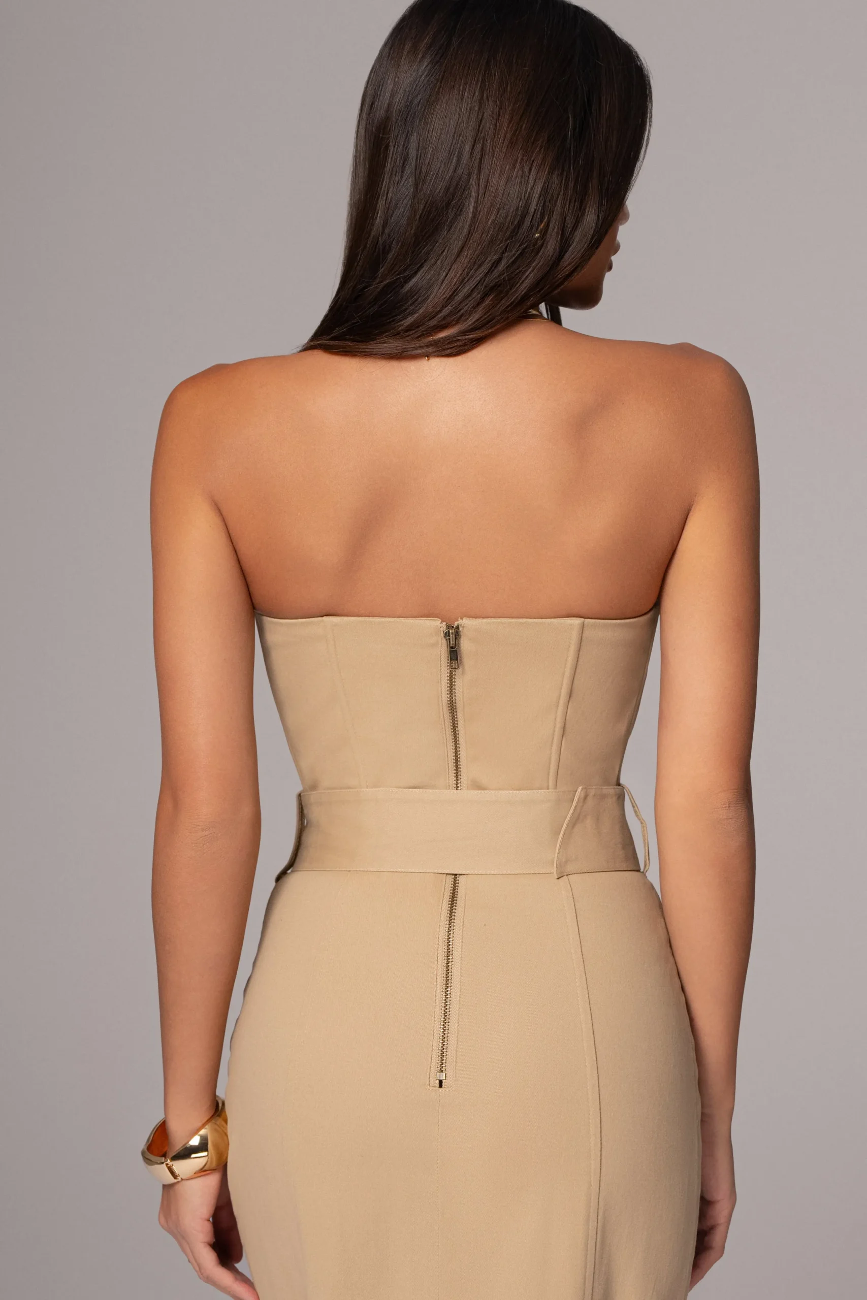 JLUXLABEL Khaki Asymmetric Belted Midi Dress