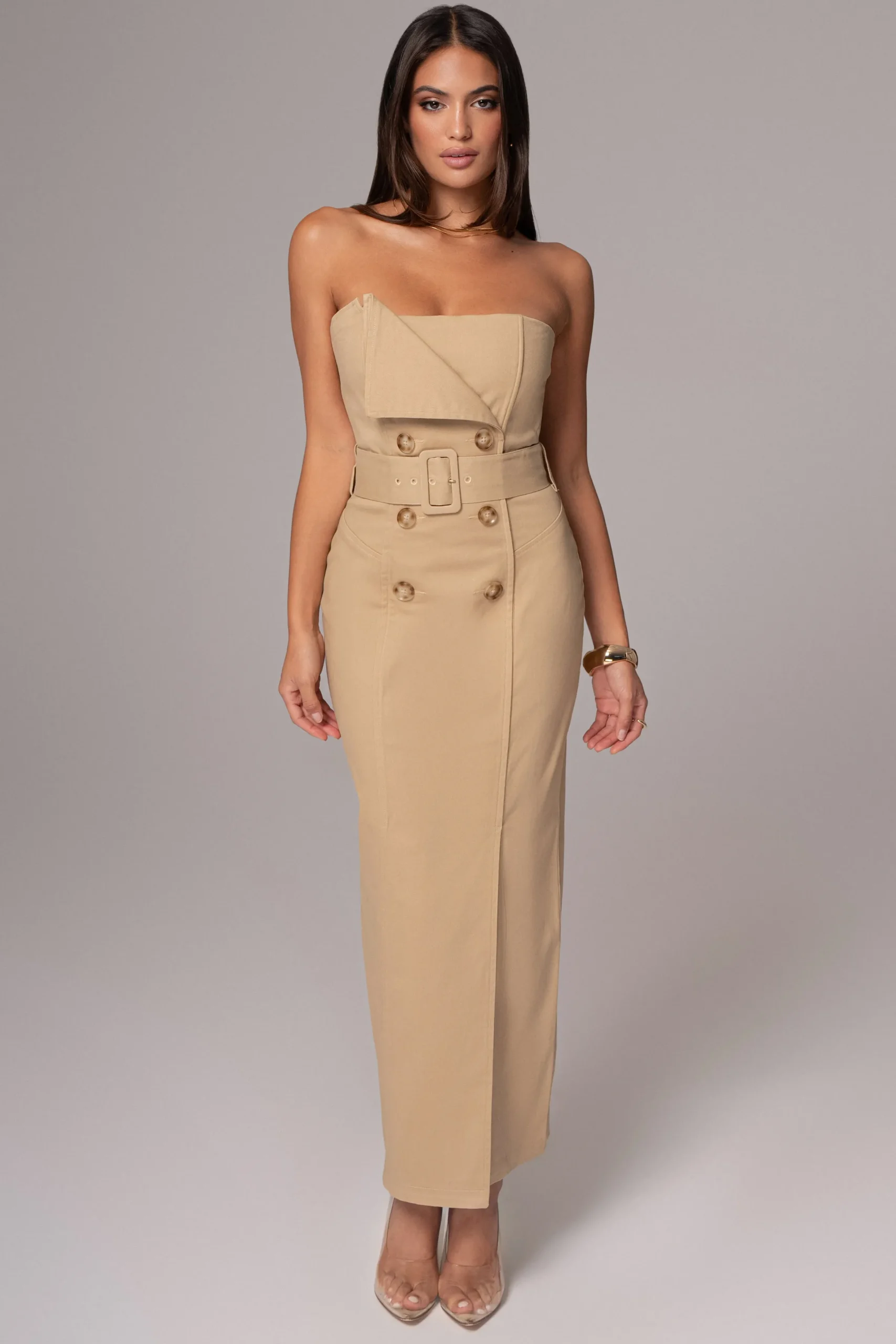 JLUXLABEL Khaki Asymmetric Belted Midi Dress