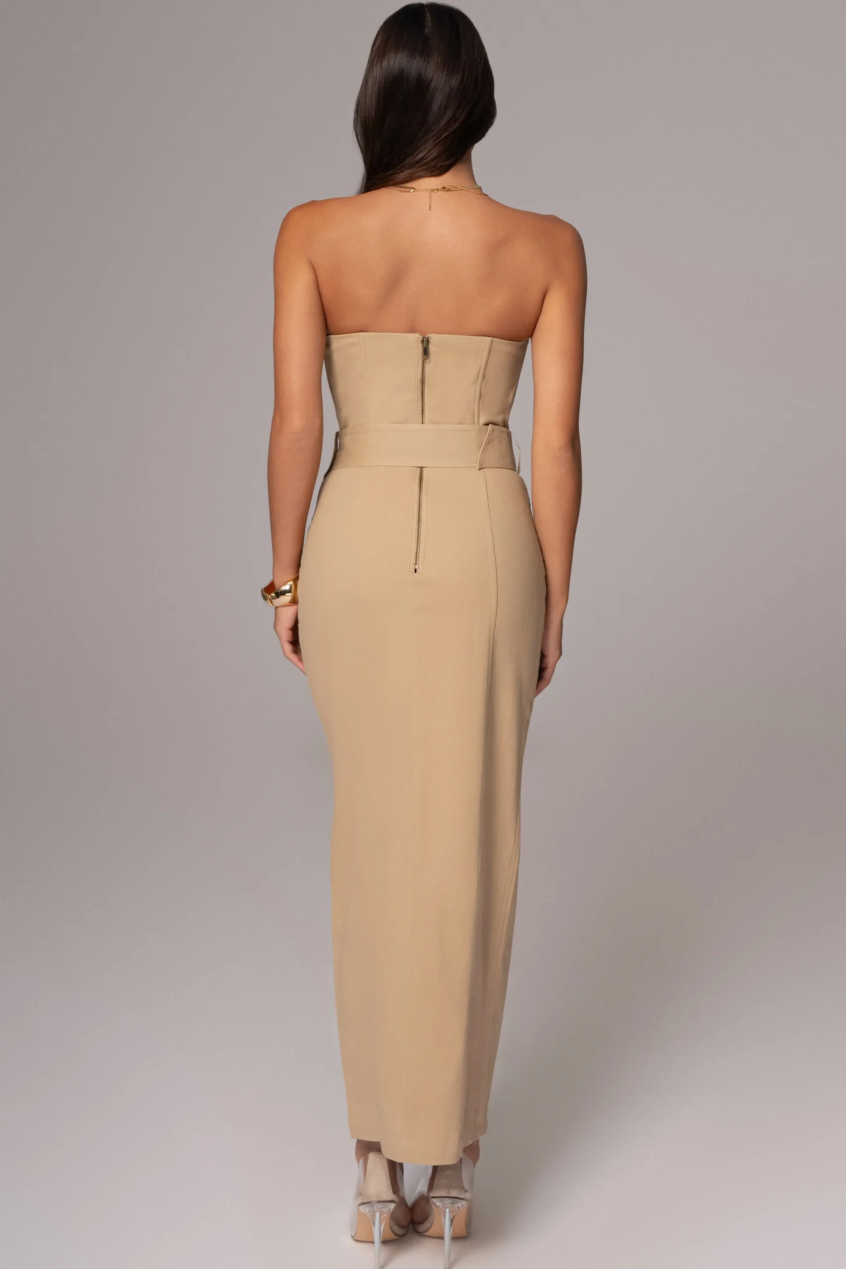 JLUXLABEL Khaki Asymmetric Belted Midi Dress