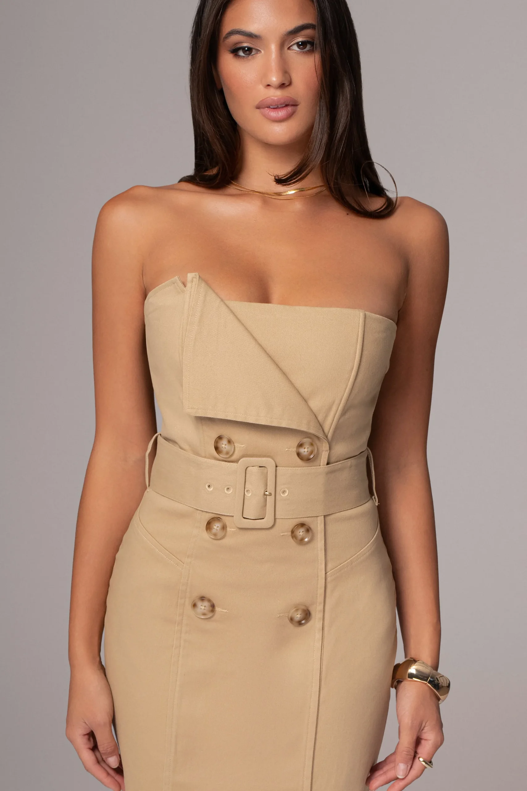 JLUXLABEL Khaki Asymmetric Belted Midi Dress