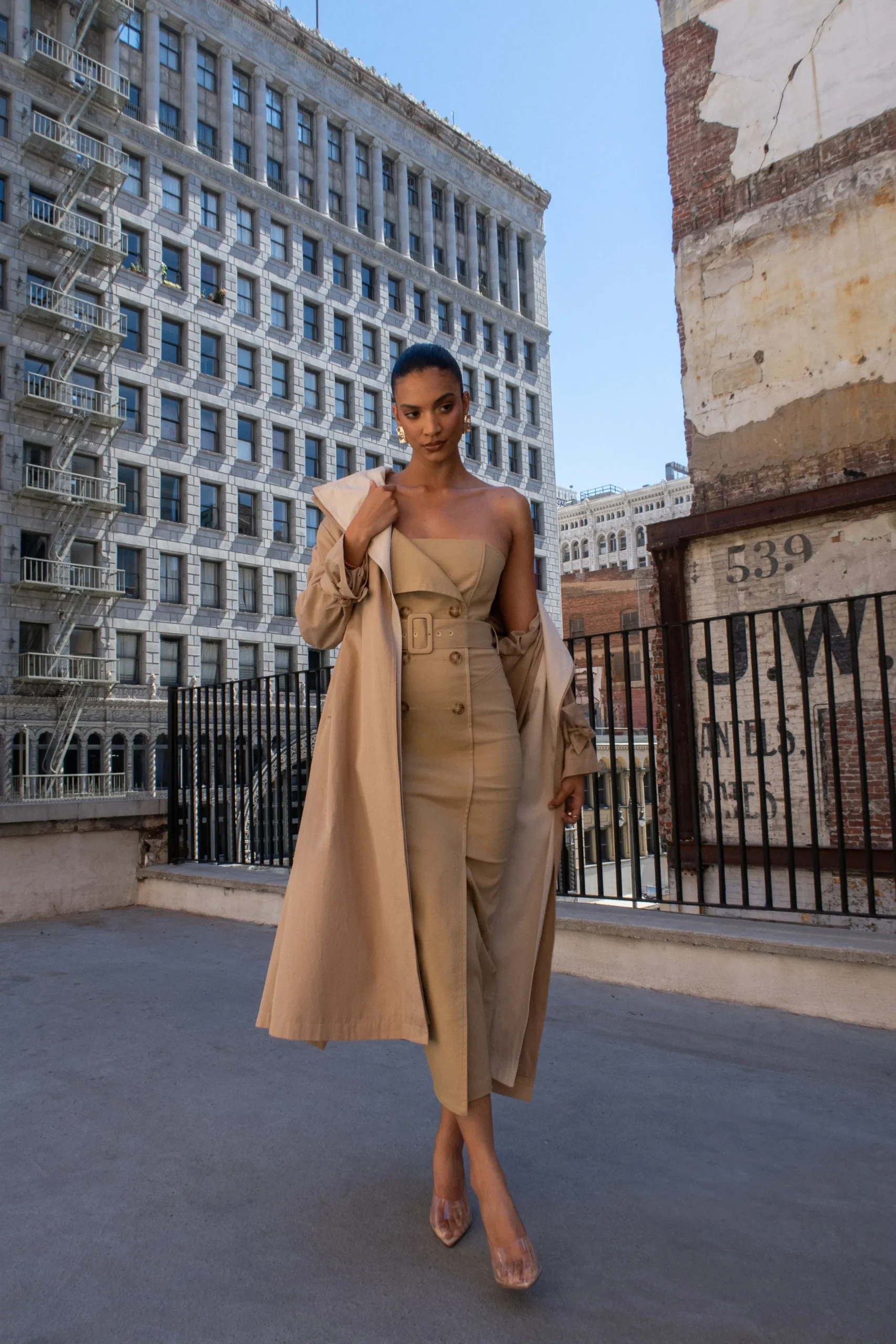 JLUXLABEL Khaki Asymmetric Belted Midi Dress