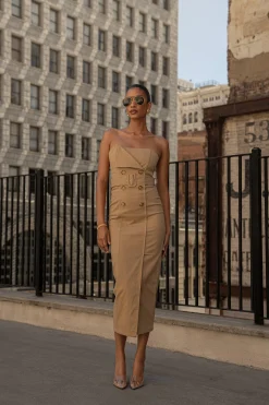 JLUXLABEL Khaki Asymmetric Belted Midi Dress