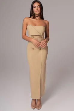 JLUXLABEL Khaki Asymmetric Belted Midi Dress