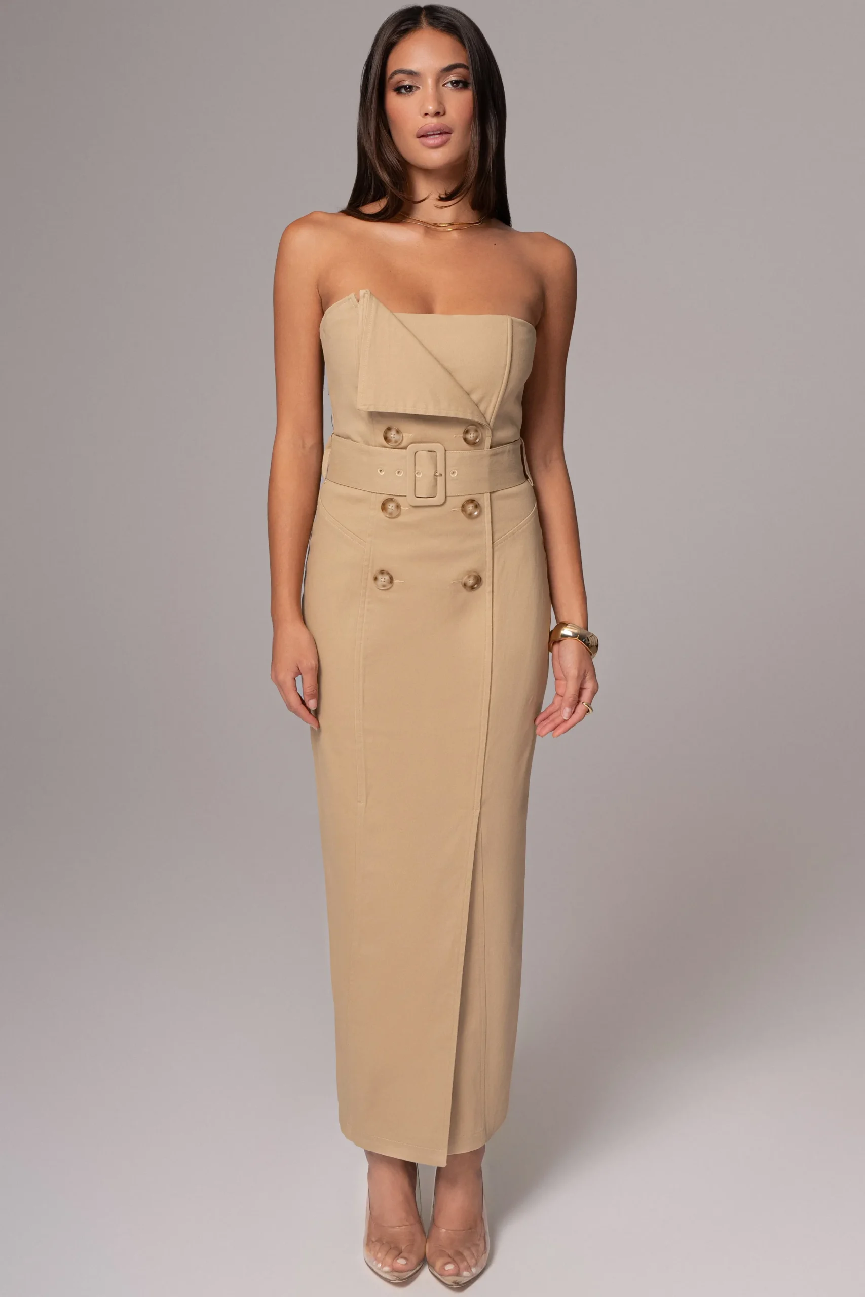 JLUXLABEL Khaki Asymmetric Belted Midi Dress