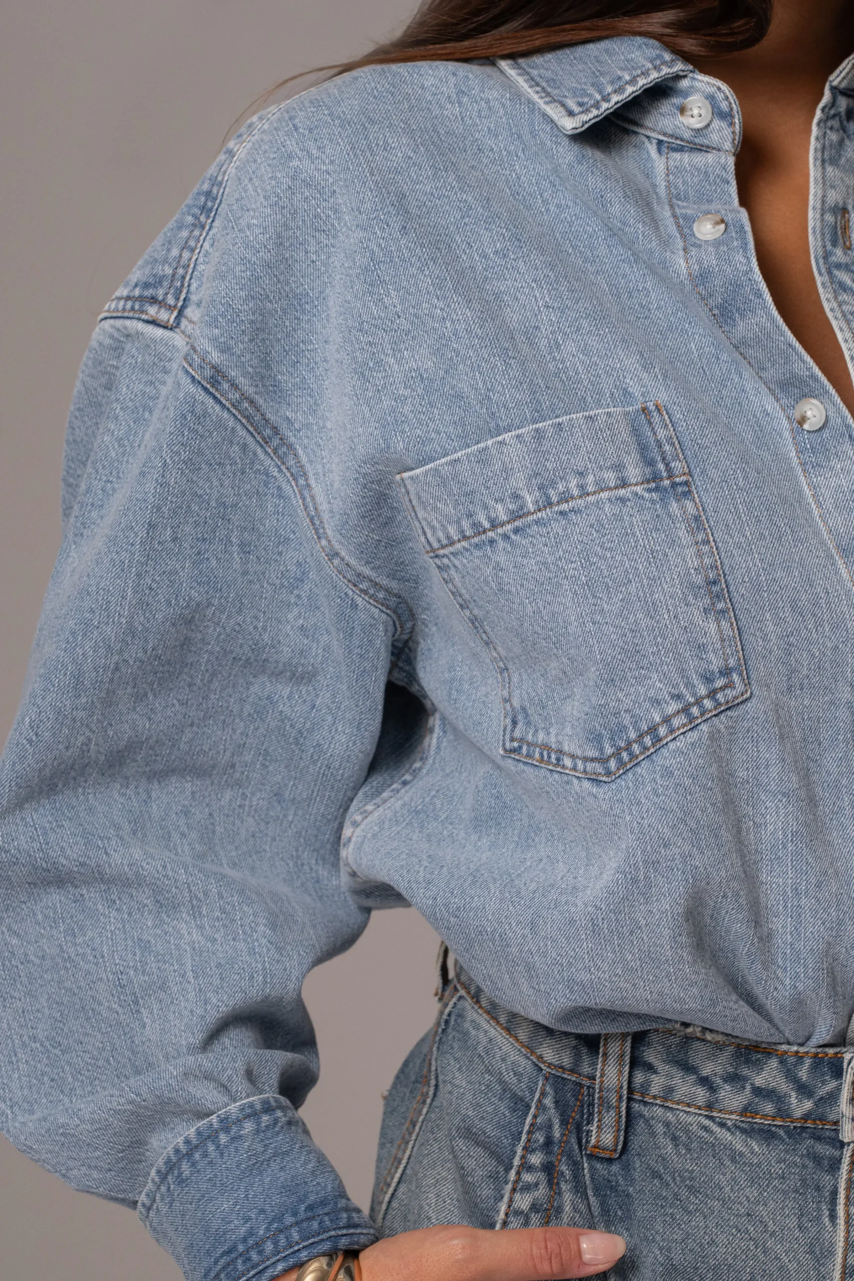 JLUXLABEL Light Wash Denim Brandi Oversized Button Up