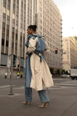 JLUXLABEL Light Wash Denim Leighton Belted Contrast Coat