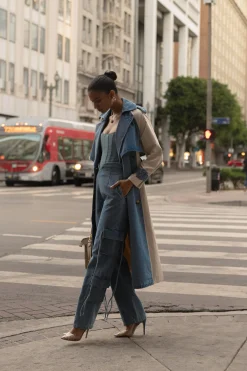 JLUXLABEL Light Wash Denim Leighton Belted Contrast Coat