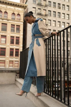 JLUXLABEL Light Wash Denim Leighton Belted Contrast Coat