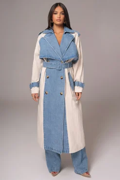 JLUXLABEL Light Wash Denim Leighton Belted Contrast Coat