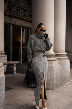 JLUXLABEL Lt. Grey Gisele Tweed Slit Skirt