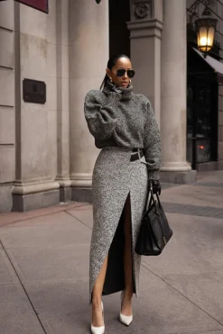 JLUXLABEL Lt. Grey Gisele Tweed Slit Skirt