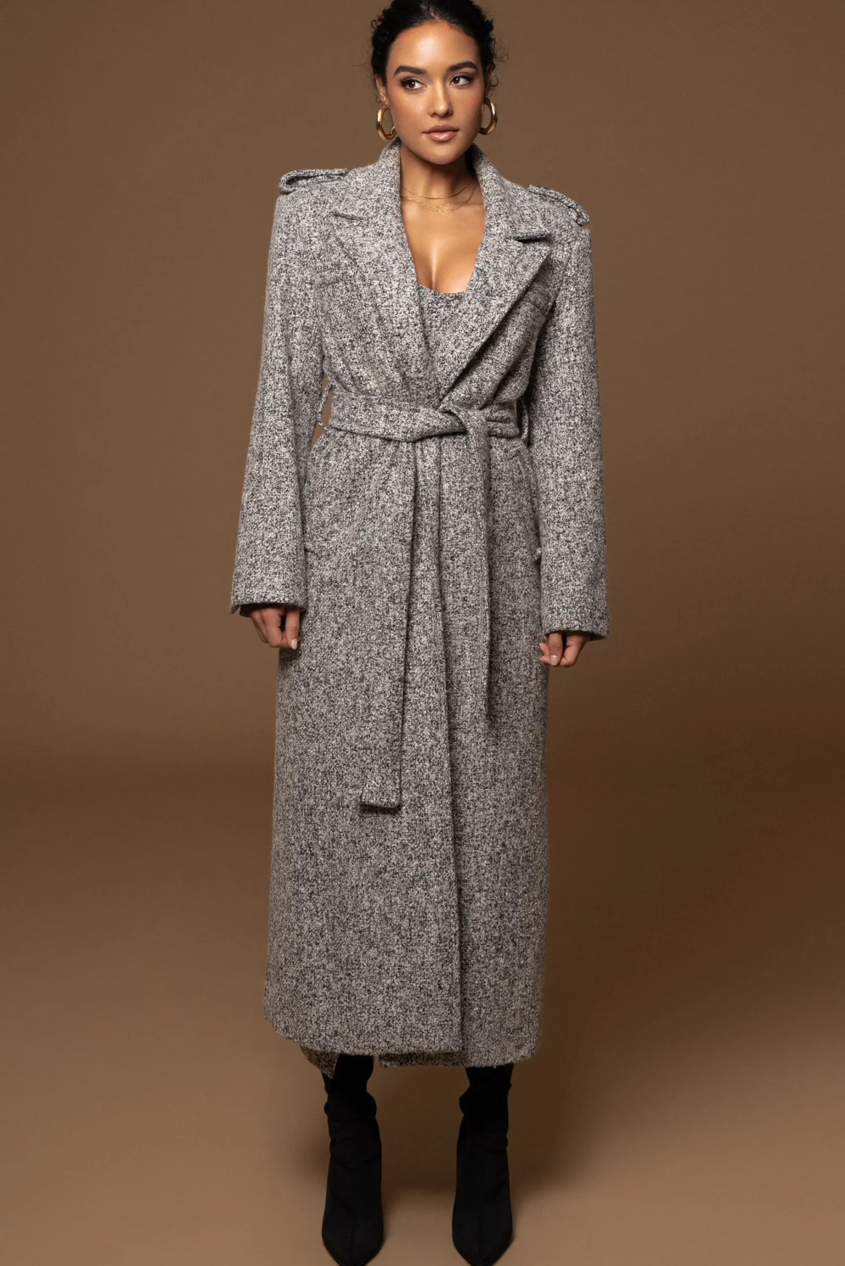 JLUXLABEL Lt. Grey Savannah Belted Tweed Coat