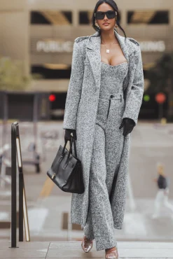 JLUXLABEL Lt. Grey Savannah Belted Tweed Coat