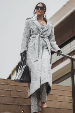 JLUXLABEL Lt. Grey Savannah Belted Tweed Coat