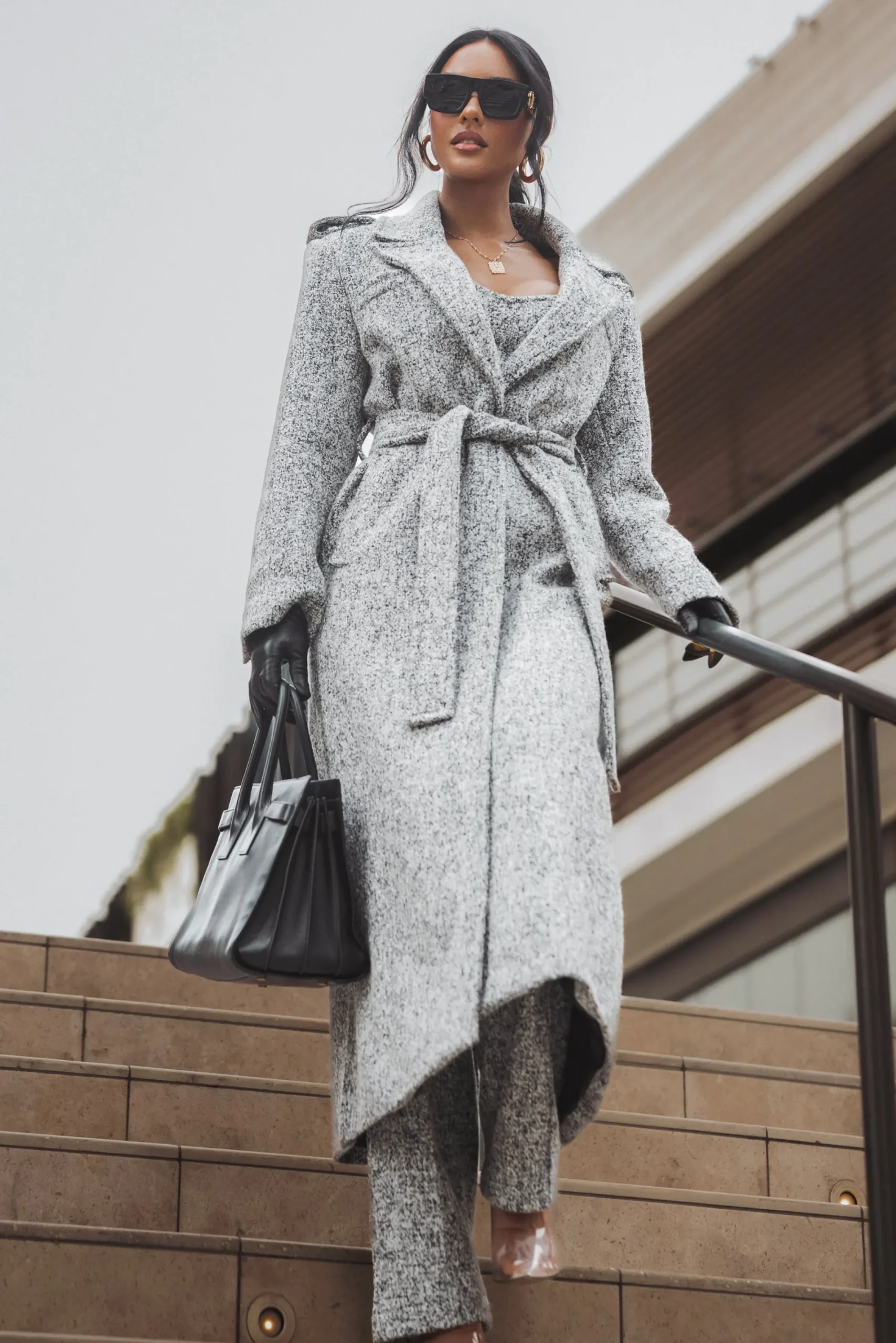 JLUXLABEL Lt. Grey Savannah Belted Tweed Coat