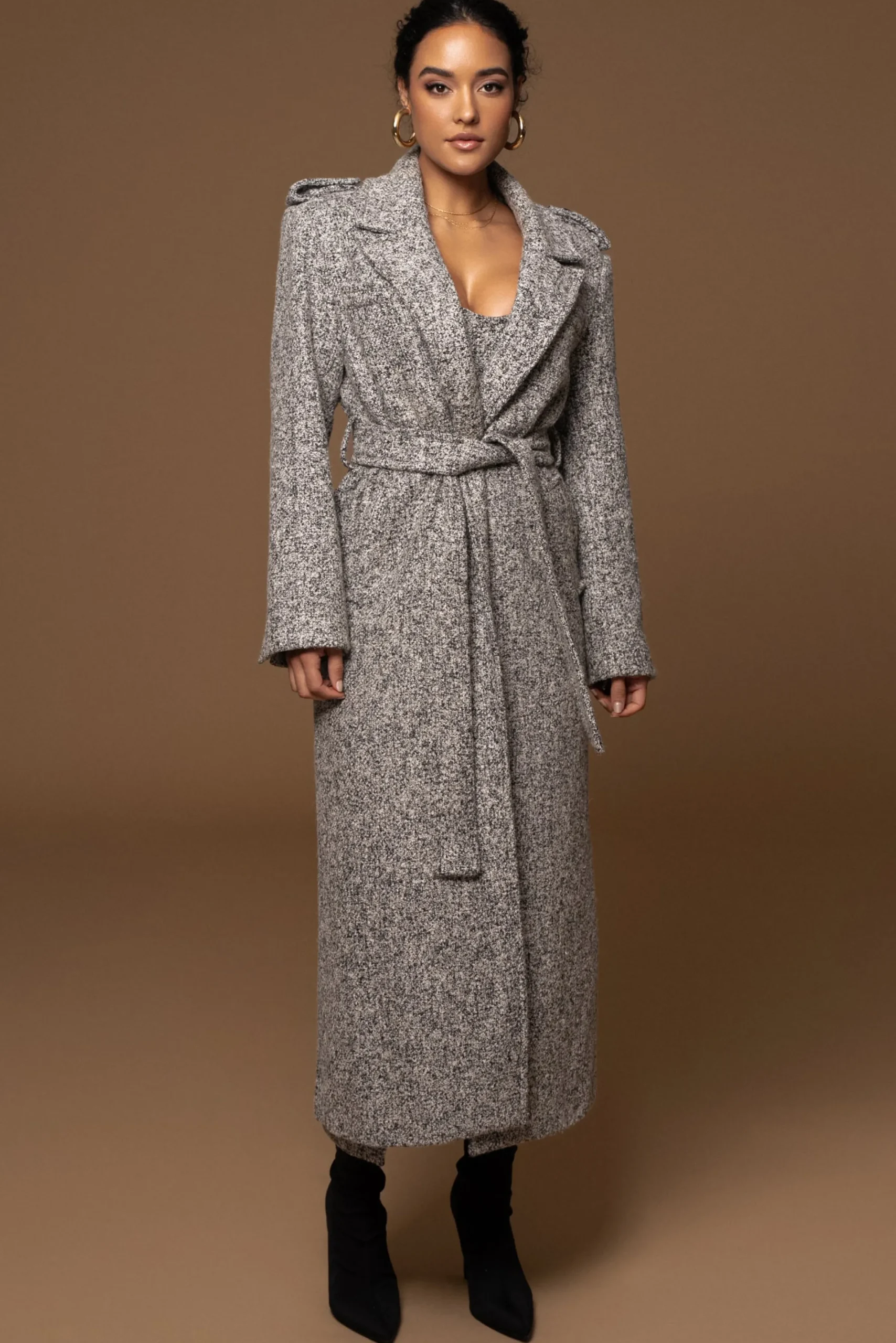 JLUXLABEL Lt. Grey Savannah Belted Tweed Coat