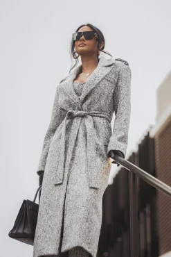 JLUXLABEL Lt. Grey Savannah Belted Tweed Coat