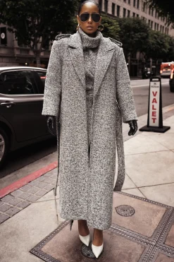 JLUXLABEL Lt. Grey Savannah Belted Tweed Coat