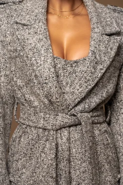 JLUXLABEL Lt. Grey Savannah Belted Tweed Coat