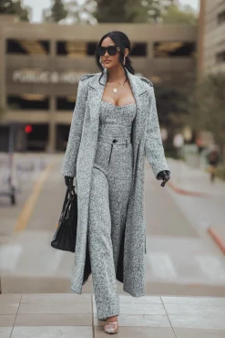 JLUXLABEL Lt. Grey Savannah Belted Tweed Coat