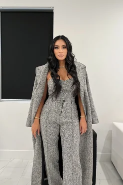 JLUXLABEL Lt. Grey Savannah Belted Tweed Coat
