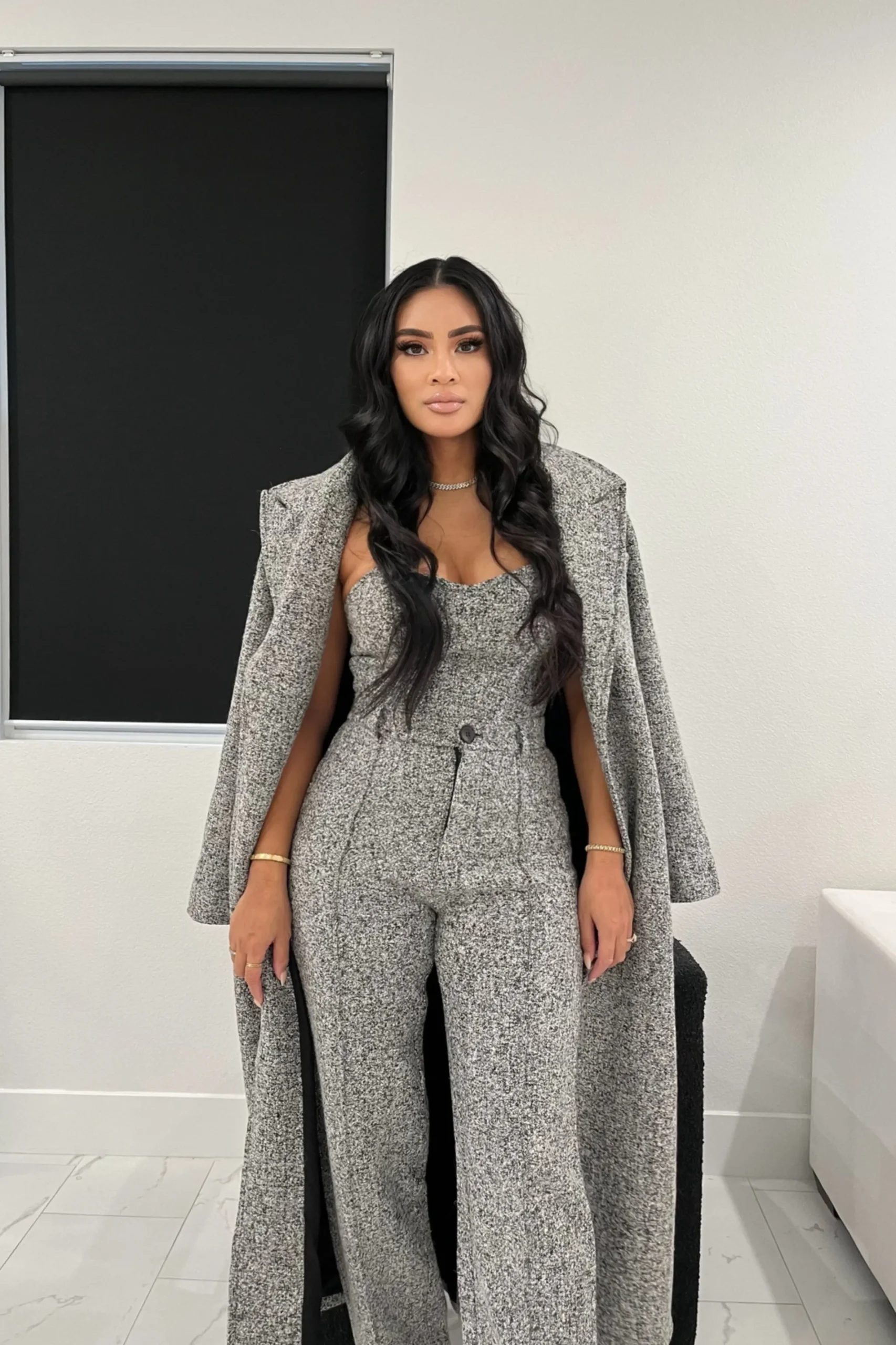 JLUXLABEL Lt. Grey Savannah Belted Tweed Coat