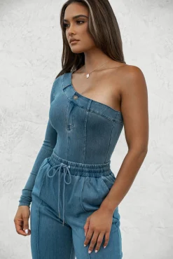 JLUXLABEL Medium Wash Button Me Up Bodysuit