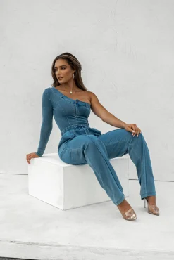 JLUXLABEL Medium Wash Button Me Up Bodysuit