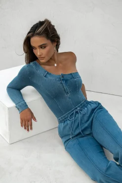 JLUXLABEL Medium Wash Button Me Up Bodysuit